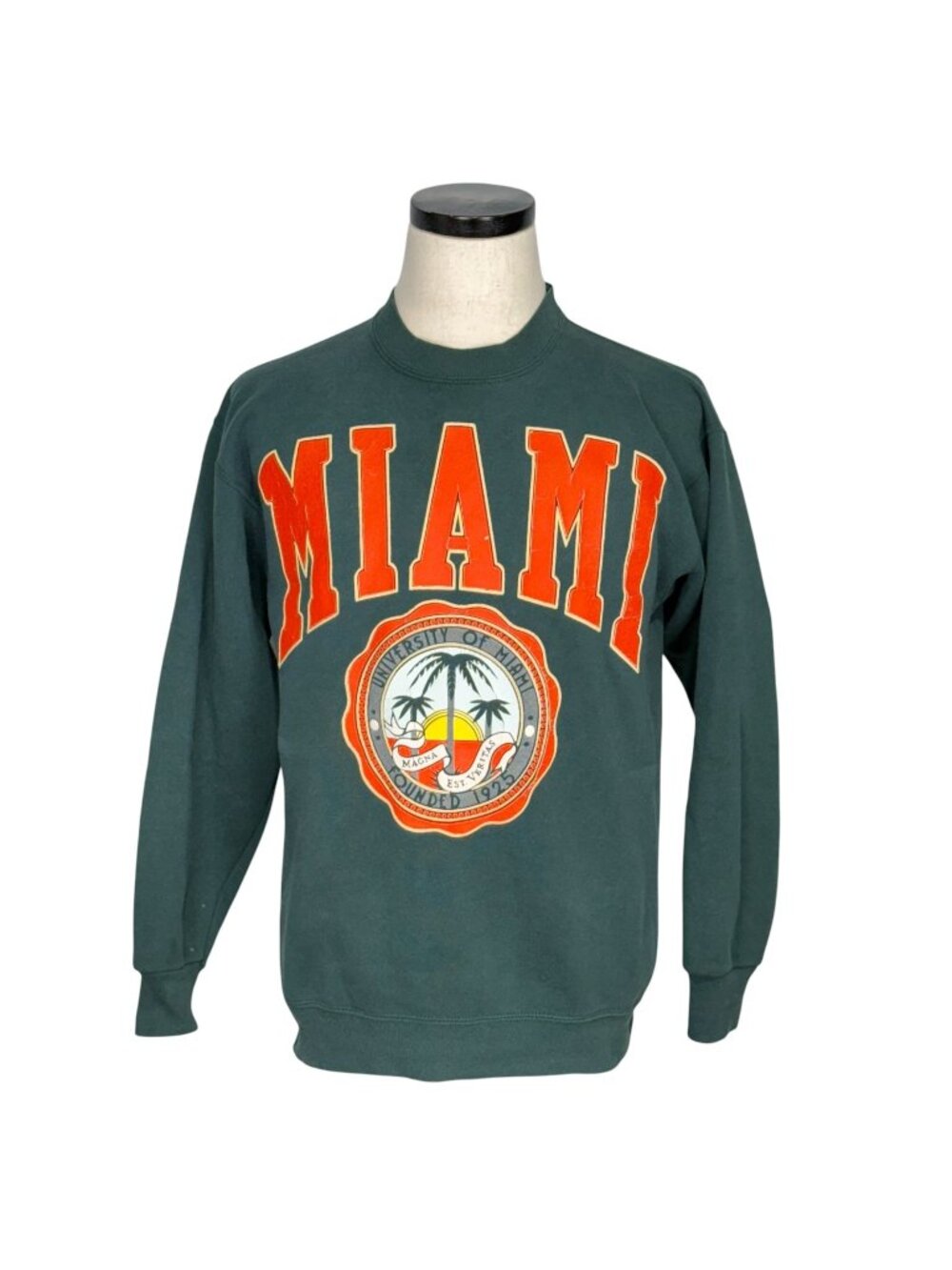 University Of Miami Green Crewneck Sweatshirt Medium 90s Vintage Galt Sand USA M